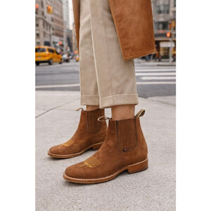 Besserro Brown Suede Chelsea Ankle Boots Western Embroidered Leather 21 MEX